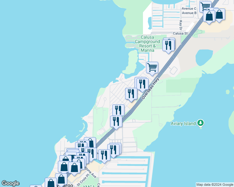 map of restaurants, bars, coffee shops, grocery stores, and more near 17 Poinciana Drive in Key Largo
