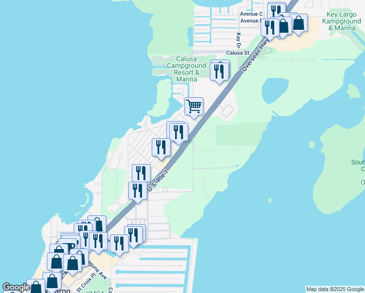 map of restaurants, bars, coffee shops, grocery stores, and more near Overseas Highway in Key Largo