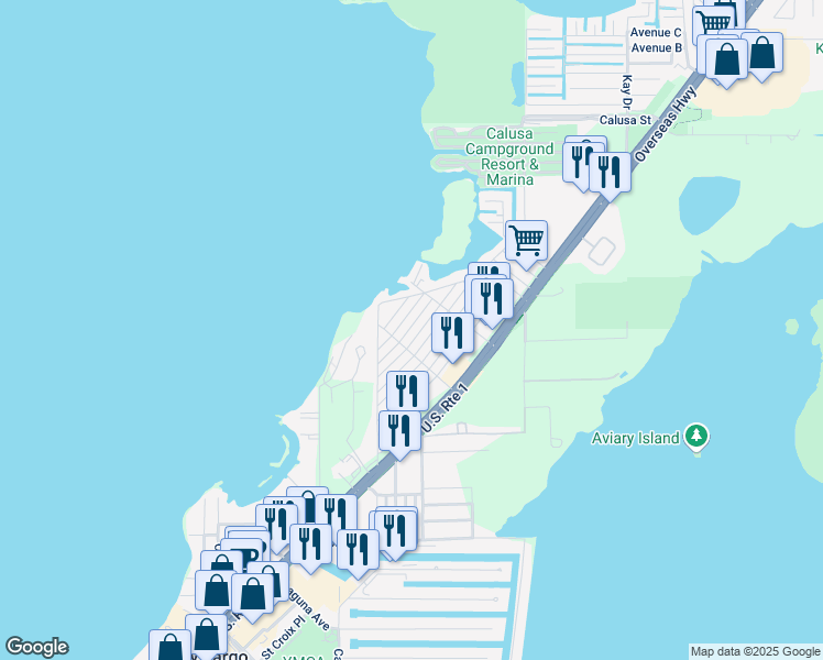 map of restaurants, bars, coffee shops, grocery stores, and more near 17 Poinciana Drive in Key Largo