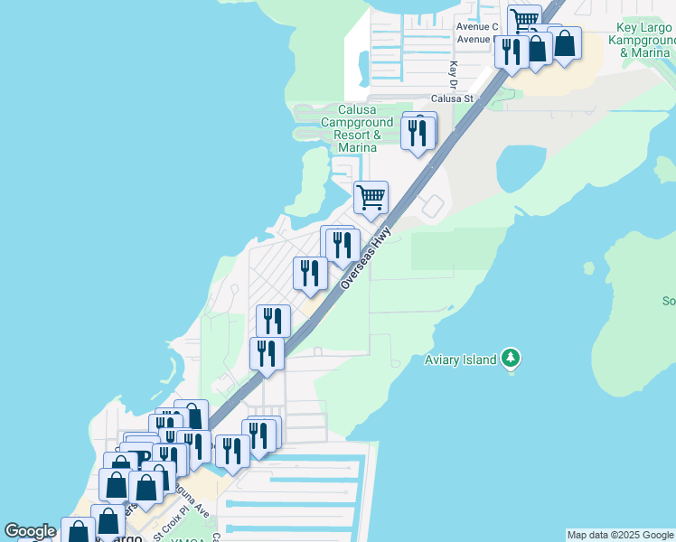 map of restaurants, bars, coffee shops, grocery stores, and more near 35 Sunset Court in Key Largo