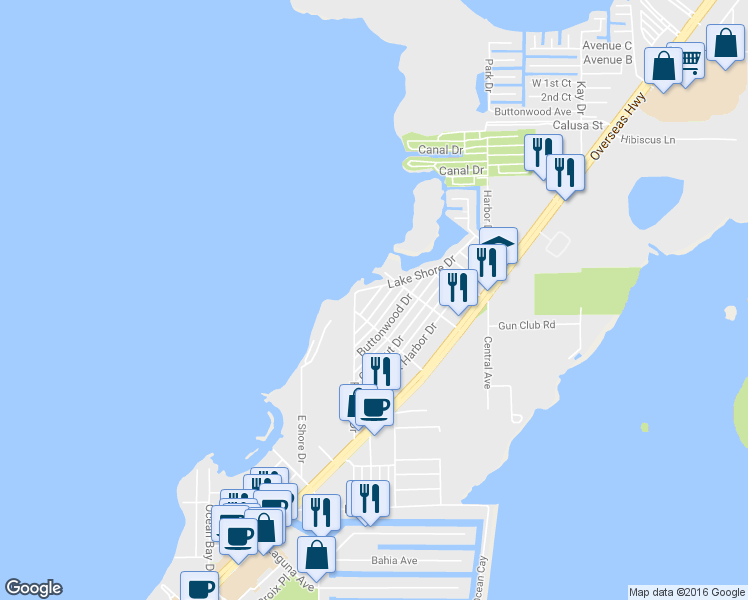 map of restaurants, bars, coffee shops, grocery stores, and more near 12 Gulf Drive in Key Largo