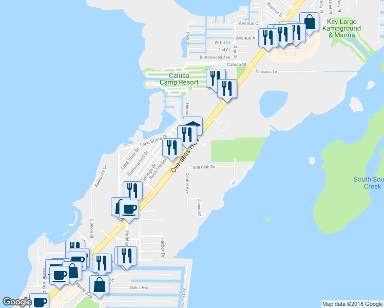 map of restaurants, bars, coffee shops, grocery stores, and more near 2-10 Burlington Street in Key Largo