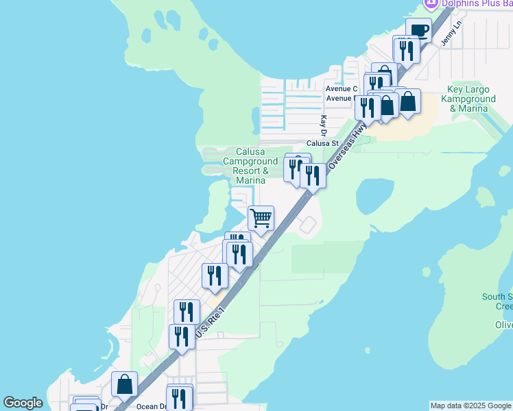 map of restaurants, bars, coffee shops, grocery stores, and more near 13 Harbor Drive in Key Largo