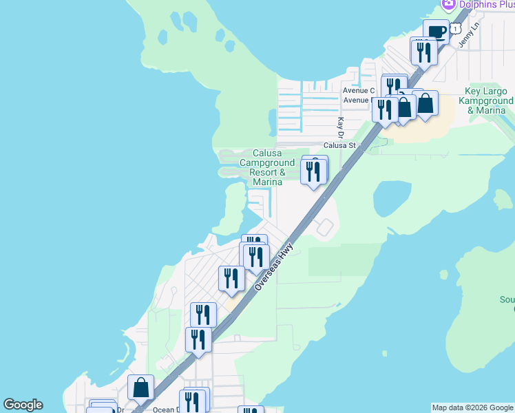 map of restaurants, bars, coffee shops, grocery stores, and more near 46 Inlet Drive in Key Largo