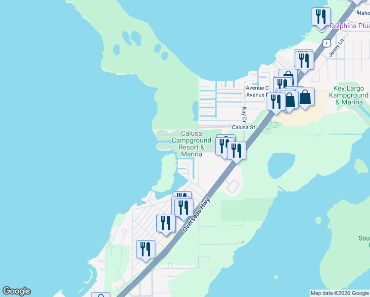 map of restaurants, bars, coffee shops, grocery stores, and more near Canal Drive in Key Largo