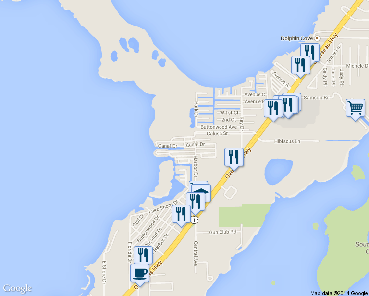 map of restaurants, bars, coffee shops, grocery stores, and more near Canal Drive in Key Largo