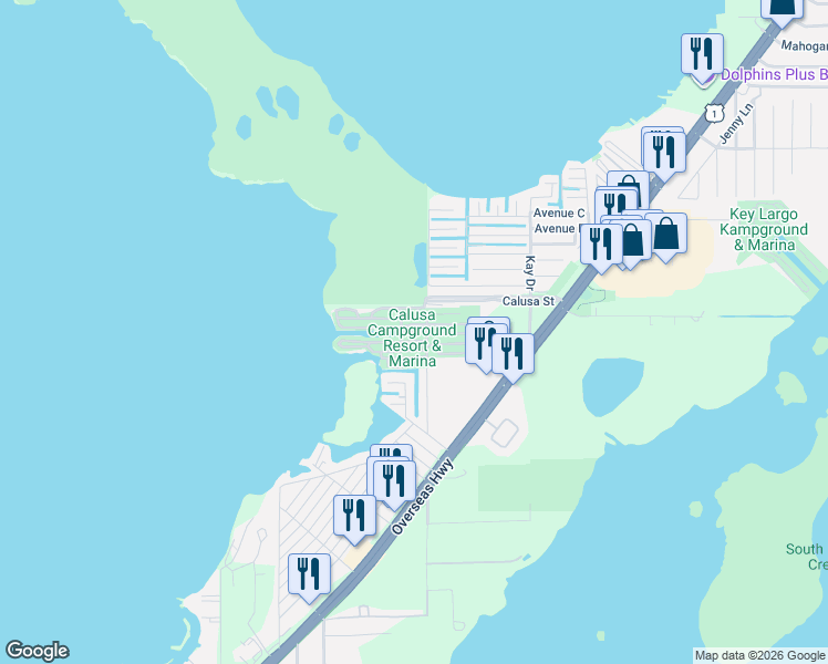 map of restaurants, bars, coffee shops, grocery stores, and more near 325 Calusa Street in Key Largo