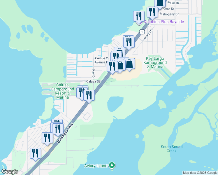 map of restaurants, bars, coffee shops, grocery stores, and more near 69 Hibiscus Lane in Key Largo