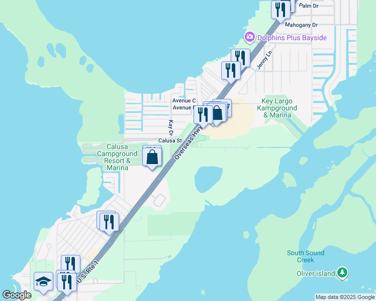 map of restaurants, bars, coffee shops, grocery stores, and more near 69 Hibiscus Lane in Key Largo