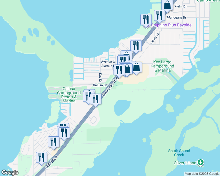 map of restaurants, bars, coffee shops, grocery stores, and more near 69 Hibiscus Lane in Key Largo