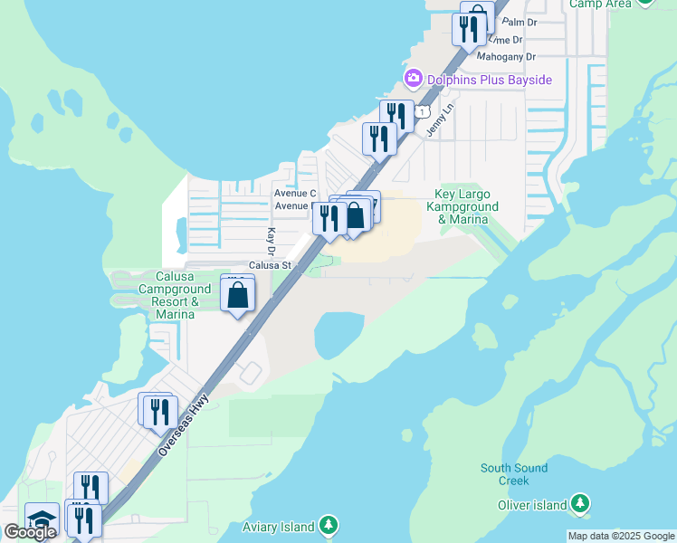 map of restaurants, bars, coffee shops, grocery stores, and more near 45 Hibiscus Lane in Key Largo