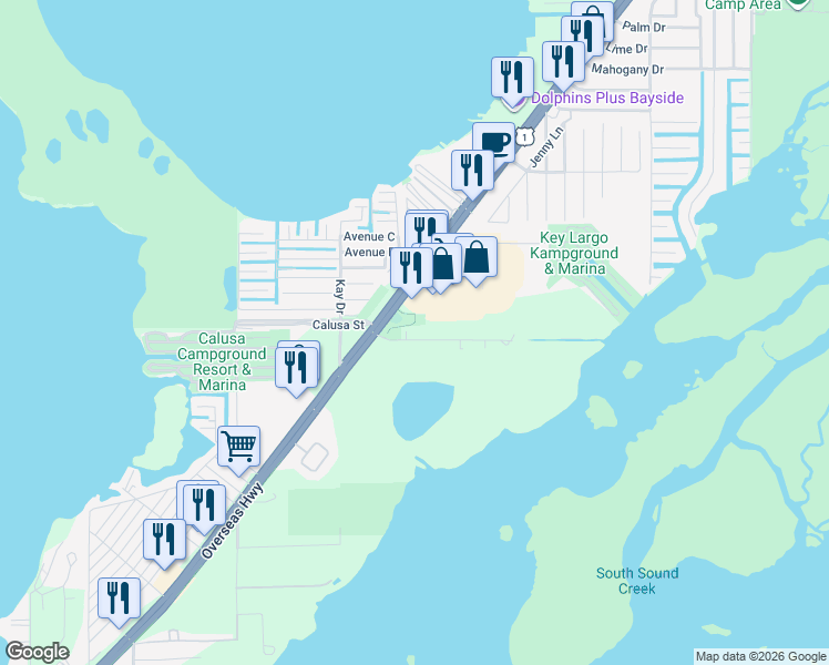 map of restaurants, bars, coffee shops, grocery stores, and more near 45 Hibiscus Lane in Key Largo