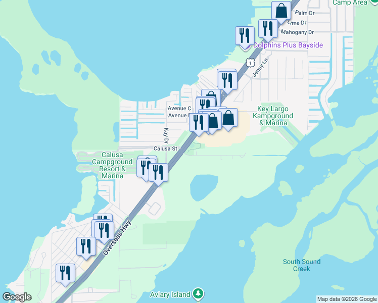 map of restaurants, bars, coffee shops, grocery stores, and more near 69 Hibiscus Lane in Key Largo