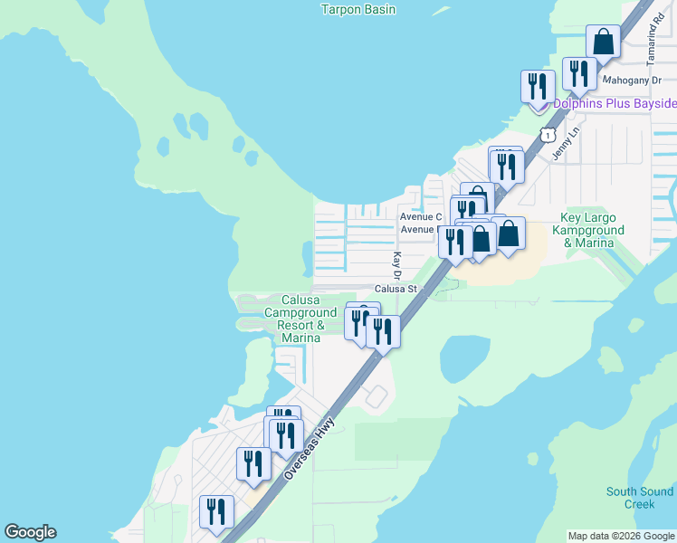 map of restaurants, bars, coffee shops, grocery stores, and more near 211 West 2nd Court in Key Largo