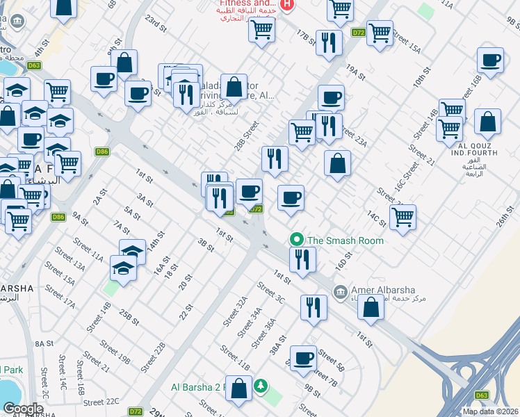 map of restaurants, bars, coffee shops, grocery stores, and more near Al Asayel Street in Dubai