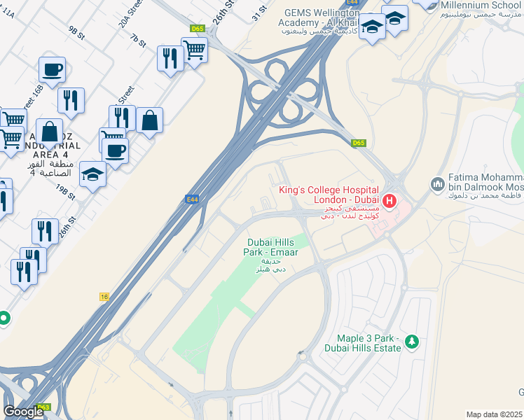 map of restaurants, bars, coffee shops, grocery stores, and more near Al Khail Road in Dubai