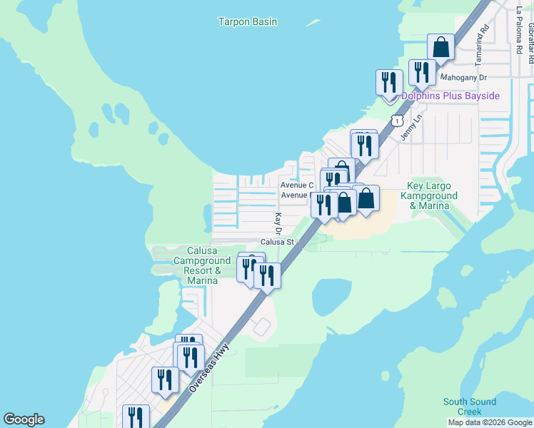 map of restaurants, bars, coffee shops, grocery stores, and more near 154 1st Court in Key Largo