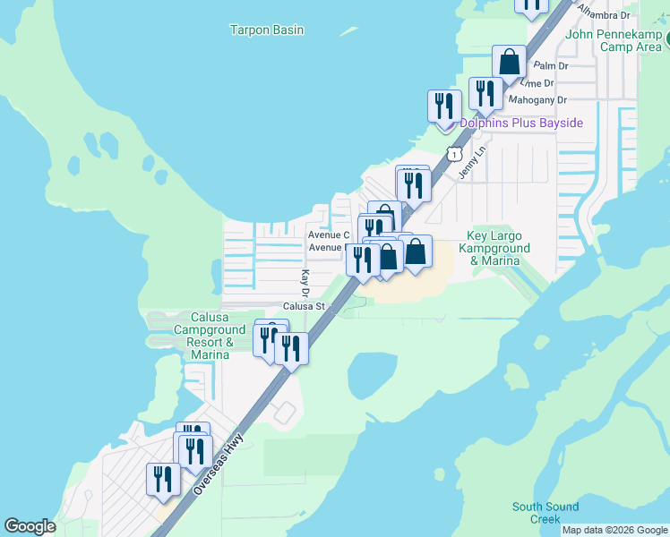 map of restaurants, bars, coffee shops, grocery stores, and more near 33 1st Court in Key Largo