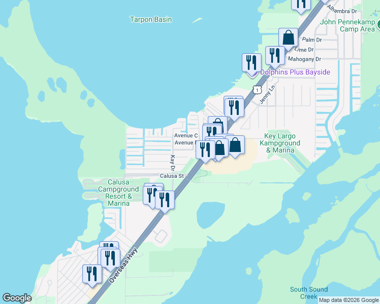 map of restaurants, bars, coffee shops, grocery stores, and more near 33 1st Court in Key Largo
