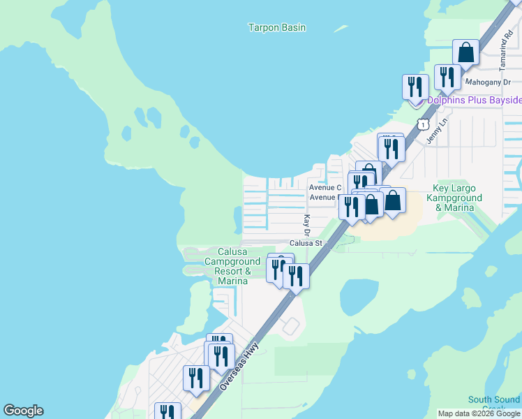 map of restaurants, bars, coffee shops, grocery stores, and more near 200 West 1st Court in Key Largo