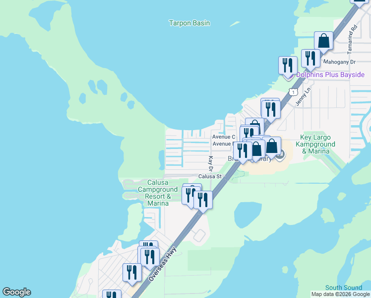map of restaurants, bars, coffee shops, grocery stores, and more near 211 West 2nd Court in Key Largo