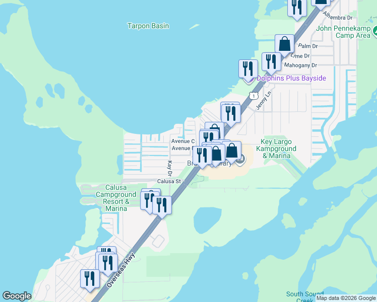 map of restaurants, bars, coffee shops, grocery stores, and more near 20 Avenue C in Key Largo