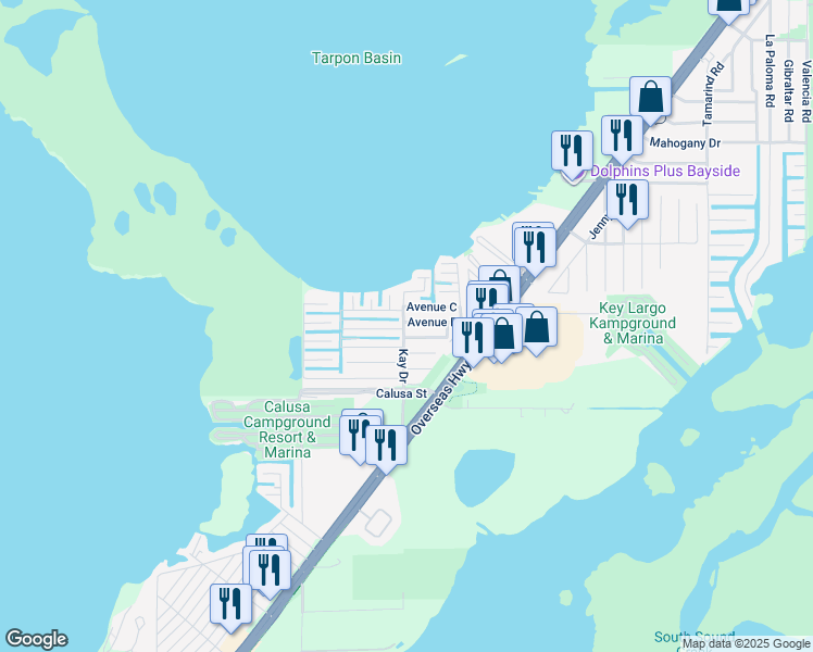 map of restaurants, bars, coffee shops, grocery stores, and more near Kay Drive in Key Largo