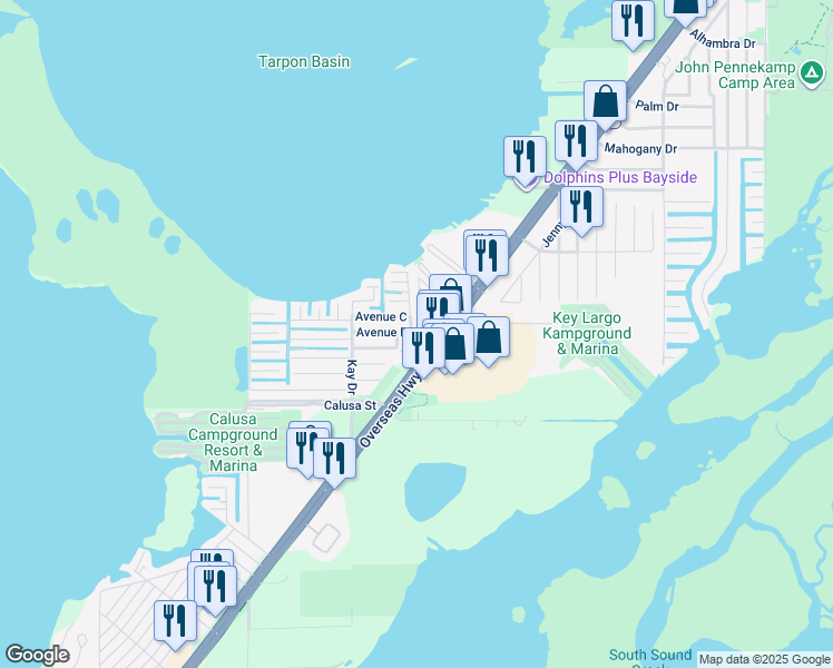 map of restaurants, bars, coffee shops, grocery stores, and more near 101500 Overseas Highway in Key Largo