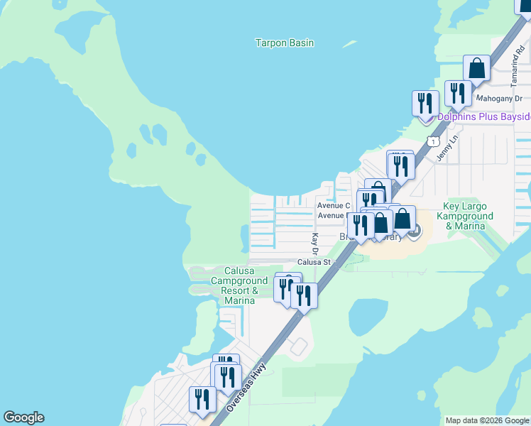 map of restaurants, bars, coffee shops, grocery stores, and more near 215 Allen Avenue in Key Largo