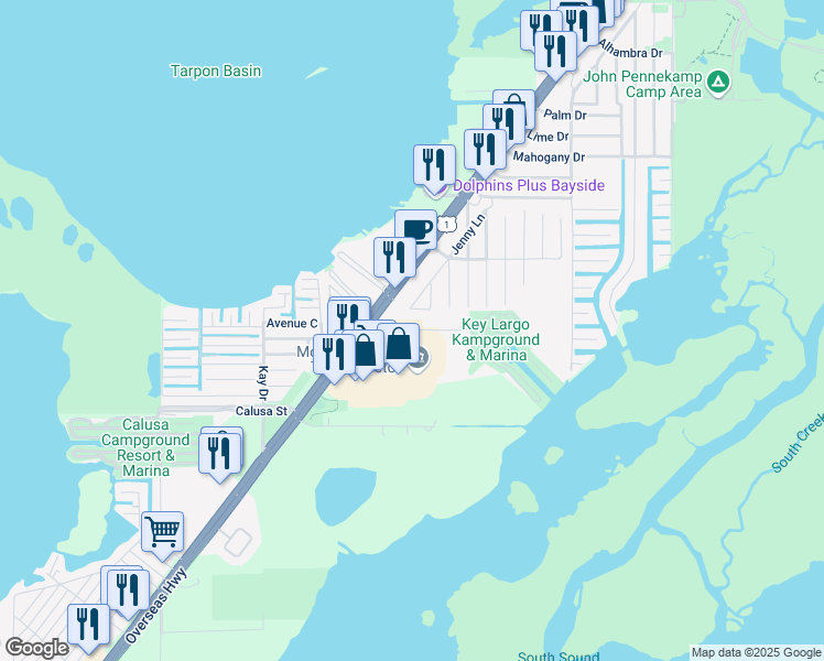 map of restaurants, bars, coffee shops, grocery stores, and more near Samson Rd in Key Largo