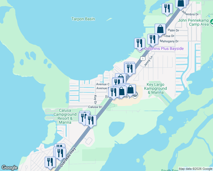 map of restaurants, bars, coffee shops, grocery stores, and more near 20 Avenue C in Key Largo