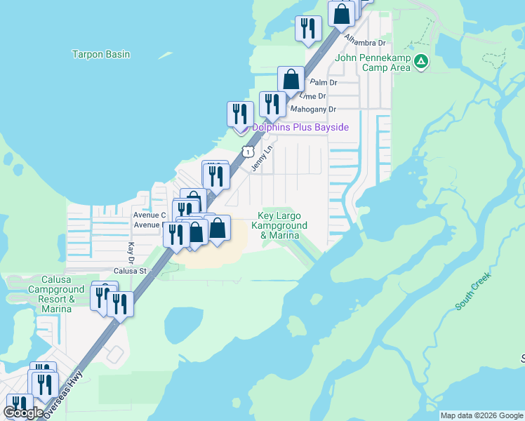 map of restaurants, bars, coffee shops, grocery stores, and more near 170 Samson Road in Key Largo