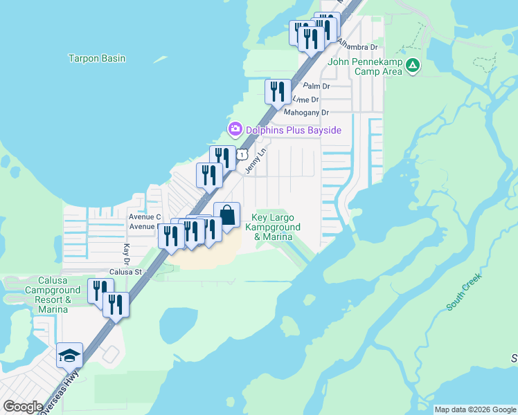 map of restaurants, bars, coffee shops, grocery stores, and more near 170 Samson Road in Key Largo