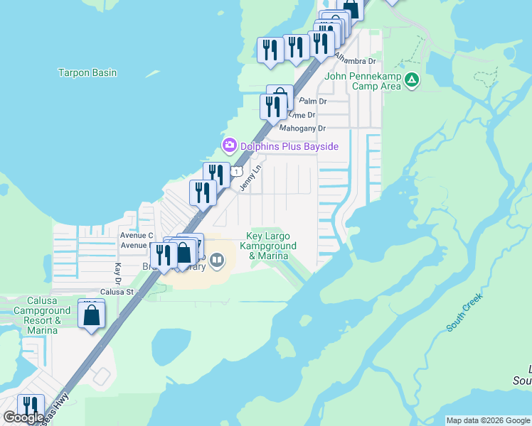 map of restaurants, bars, coffee shops, grocery stores, and more near 13 Tina Place in Key Largo