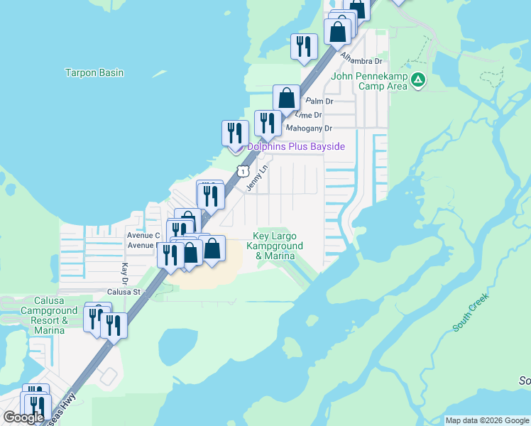 map of restaurants, bars, coffee shops, grocery stores, and more near 13 Tina Place in Key Largo