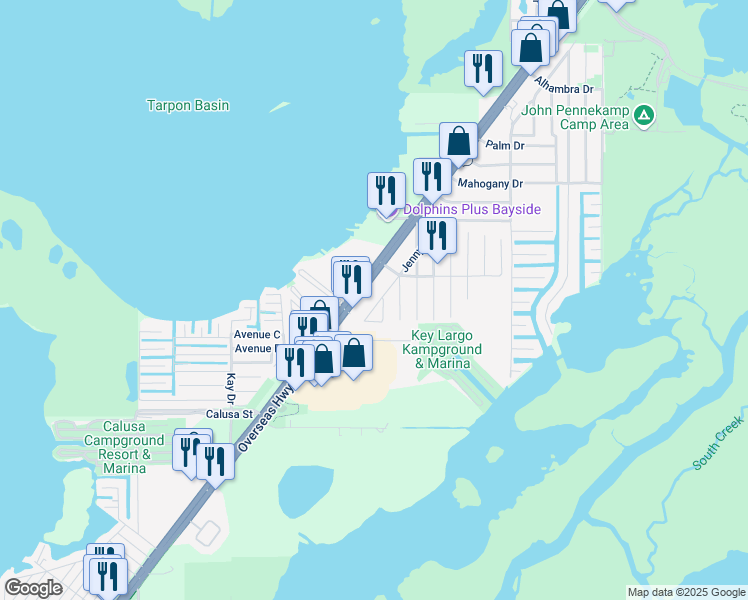 map of restaurants, bars, coffee shops, grocery stores, and more near 15 Jenny Ln in Key Largo