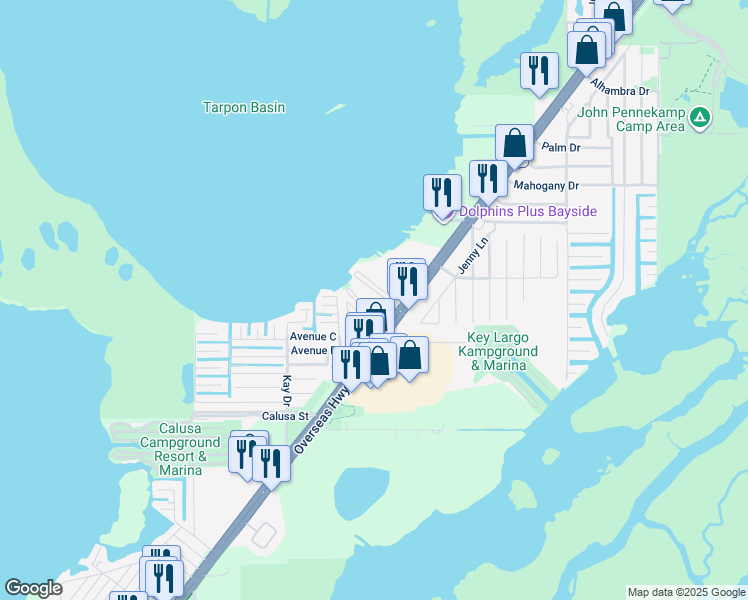 map of restaurants, bars, coffee shops, grocery stores, and more near 101600 Overseas Highway in Key Largo
