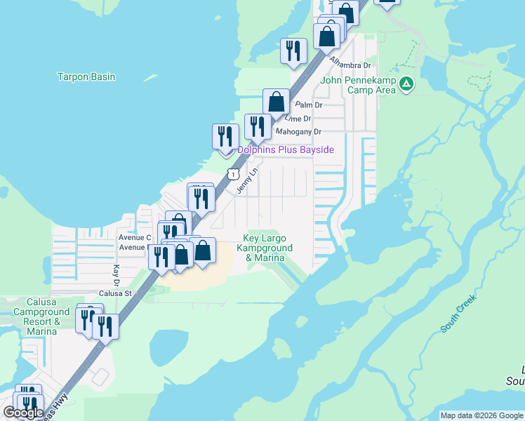 map of restaurants, bars, coffee shops, grocery stores, and more near 16 Judy Place in Key Largo