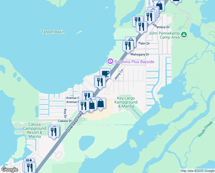 map of restaurants, bars, coffee shops, grocery stores, and more near 15 Jenny Lane in Key Largo