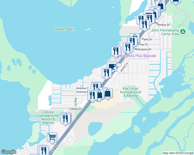 map of restaurants, bars, coffee shops, grocery stores, and more near 101600 Overseas Highway in Key Largo