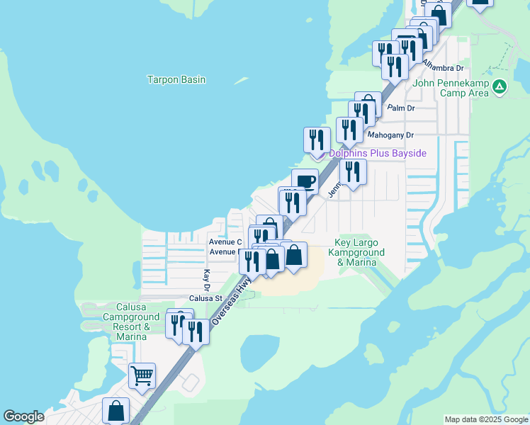 map of restaurants, bars, coffee shops, grocery stores, and more near 101600 Overseas Highway in Key Largo