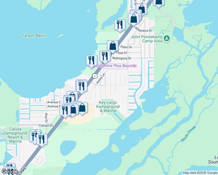 map of restaurants, bars, coffee shops, grocery stores, and more near 13 Tina Place in Key Largo