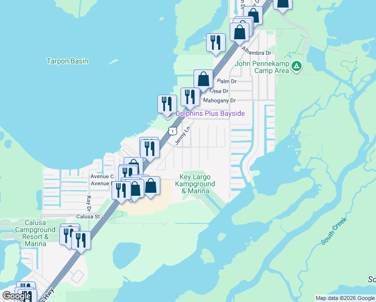 map of restaurants, bars, coffee shops, grocery stores, and more near 13 Tina Place in Key Largo