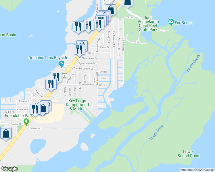 map of restaurants, bars, coffee shops, grocery stores, and more near 129 4th Lane in Key Largo