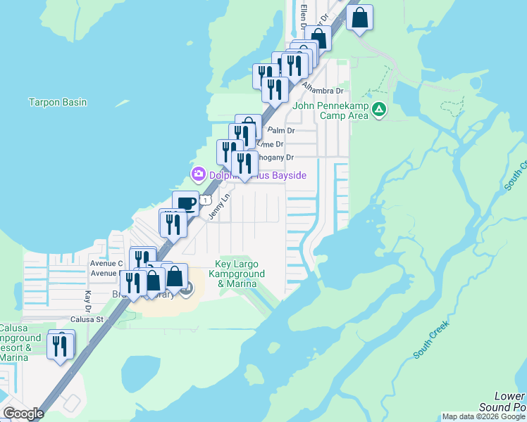 map of restaurants, bars, coffee shops, grocery stores, and more near 707 Sharon Pl in Key Largo