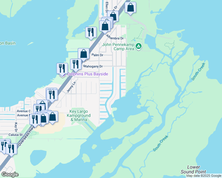 map of restaurants, bars, coffee shops, grocery stores, and more near 133 3rd Lane in Key Largo