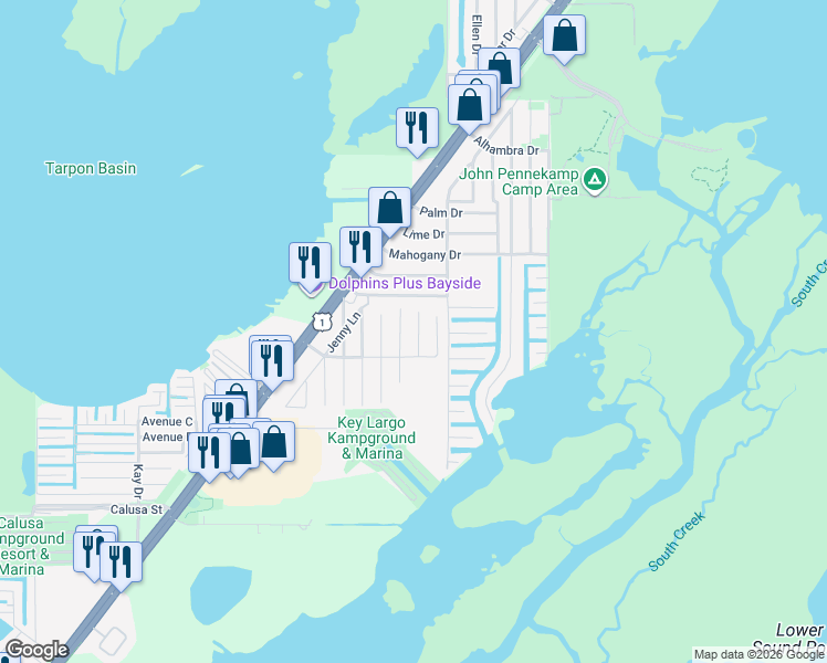 map of restaurants, bars, coffee shops, grocery stores, and more near 707 Sharon Place in Key Largo