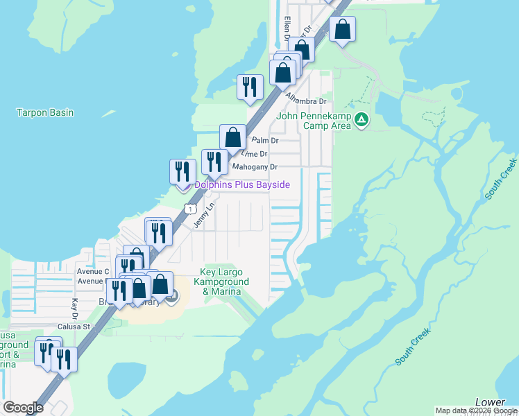 map of restaurants, bars, coffee shops, grocery stores, and more near 707 Sharon Place in Key Largo