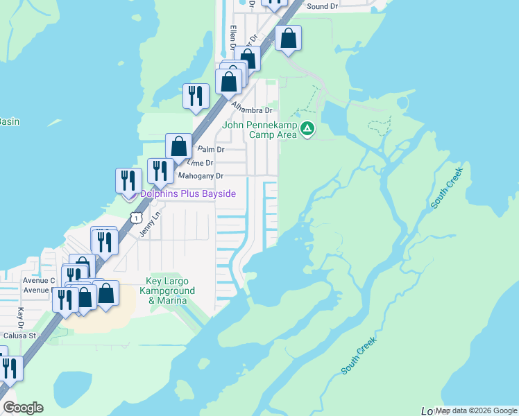 map of restaurants, bars, coffee shops, grocery stores, and more near 837 2nd Lane in Key Largo