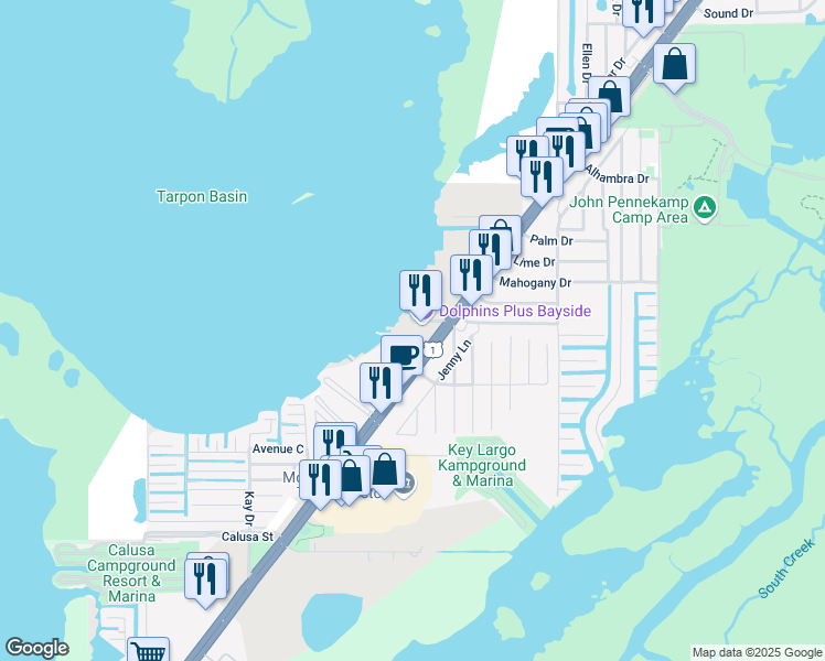 map of restaurants, bars, coffee shops, grocery stores, and more near 101850 Overseas Highway in Key Largo